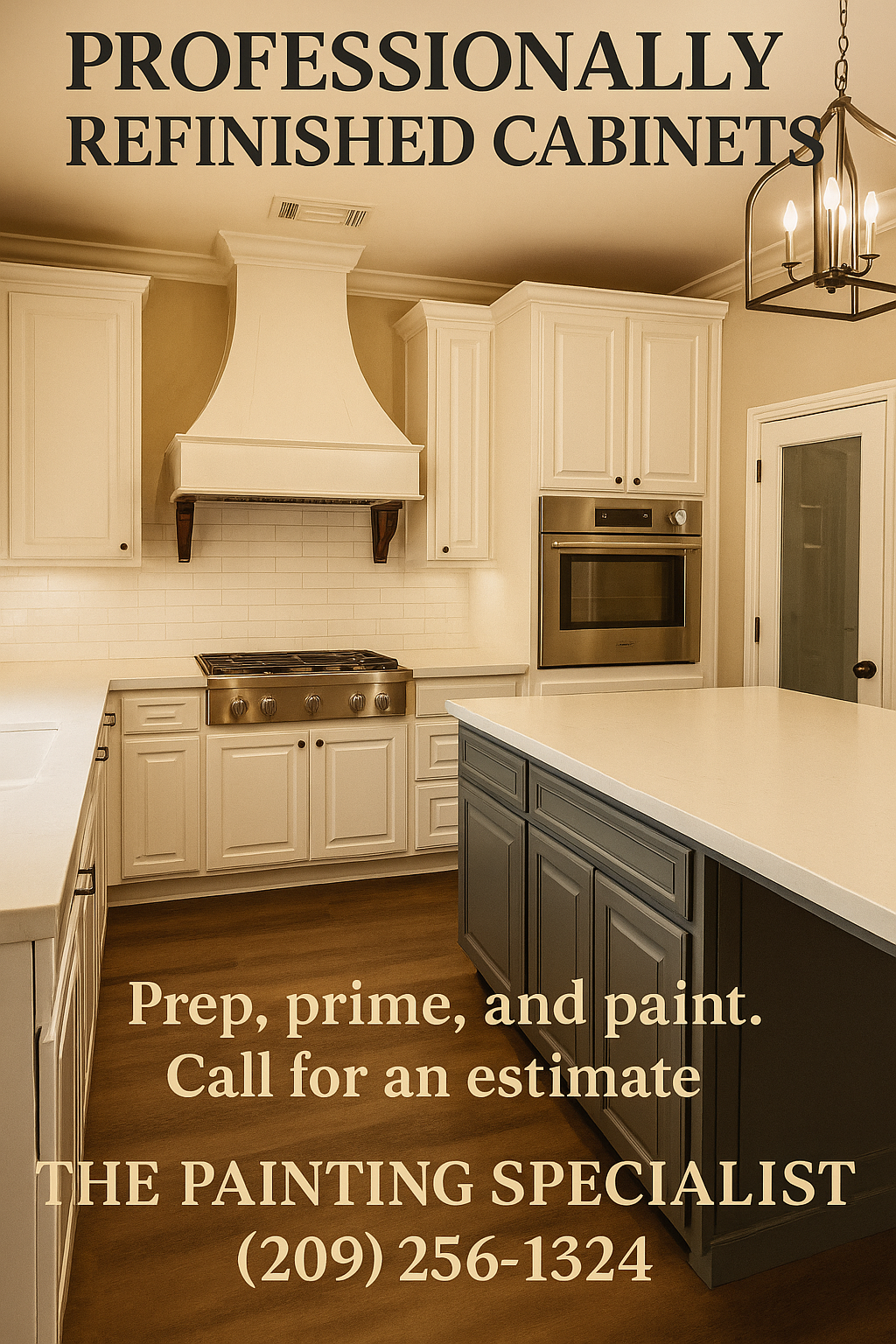 Refinished kitchen with white cabinets and a dark blue island